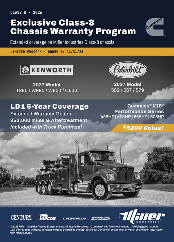 Miller Industries Class 8 chassis warranty — front