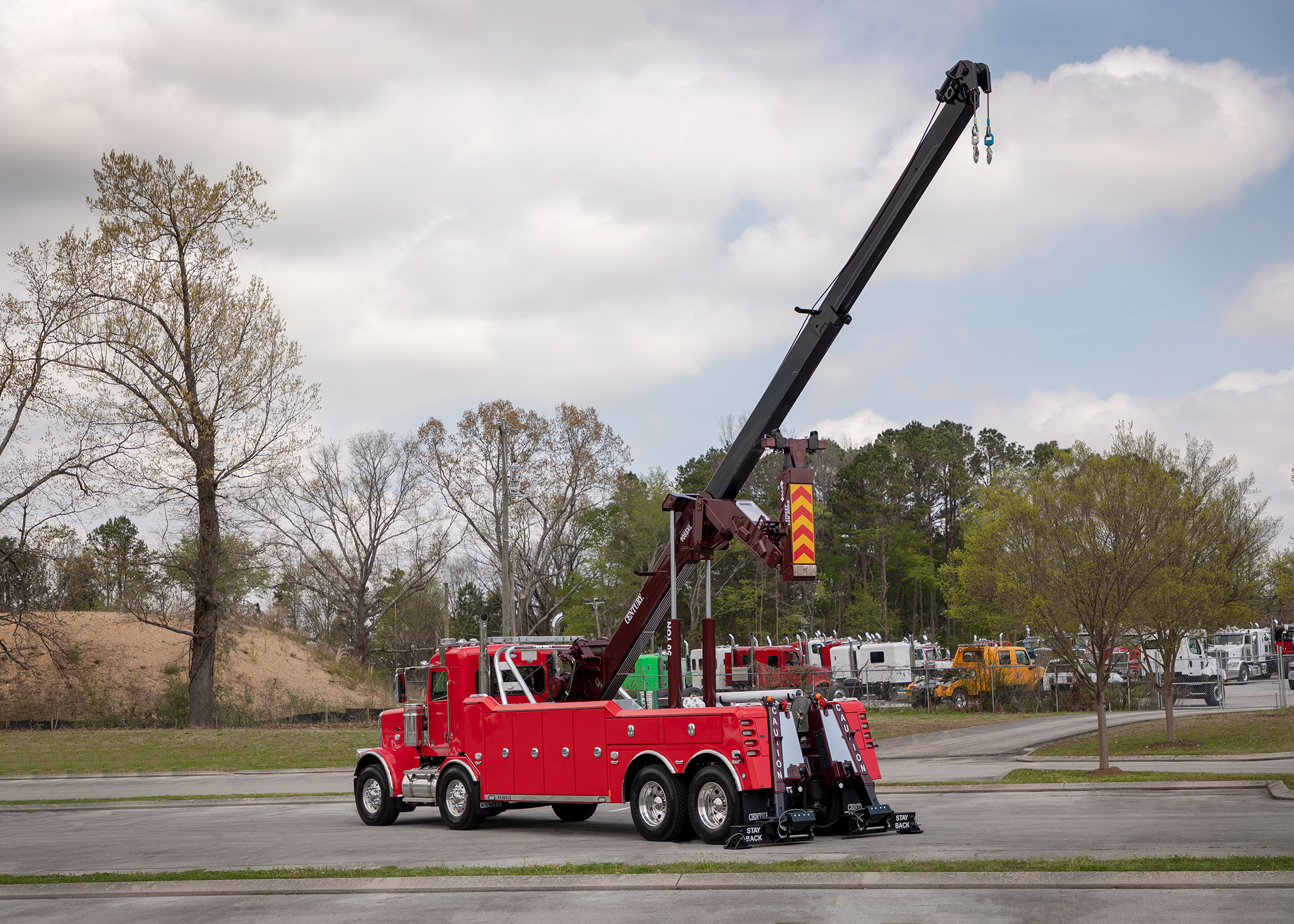 Full boom extension of a Century 9055XL on a Peterbilt 389 tandem tandem chassis