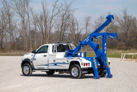 chevron 408 on a ram trucks chassis with boom extended and legs down