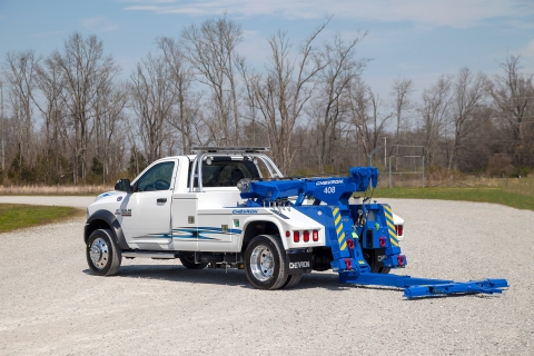 white and blue chevron 408 with underlift folded down and extended