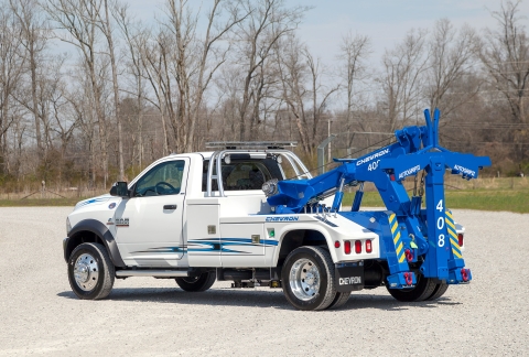white and blue chevron 408 on a ram trucks chassis