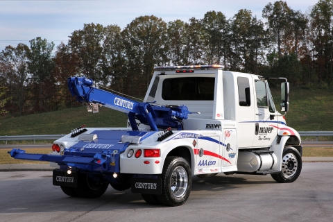 white and blue century 602 on an international chassis