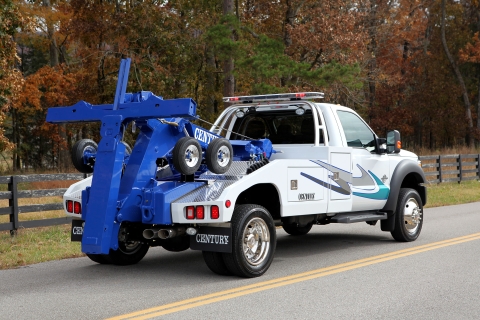 white and blue century express series gen 2 wrecker on a ram trucks chassis