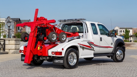 white and red century express series on a ford f550