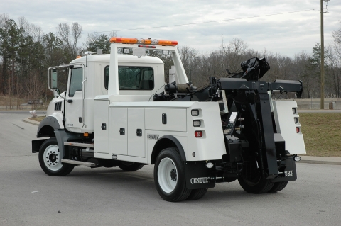 This is a rear view image of the century 3212 medium-duty wrecker.