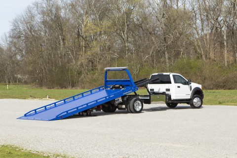 chevron 10 series car carrier with blue steel bed slid back