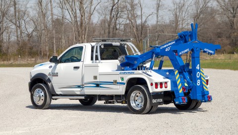 white and blue chevron 408 on a ram 5500 chassis