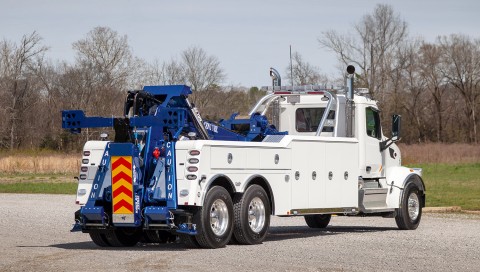 white and blue century 7035 on a peterbilt 567 chassis