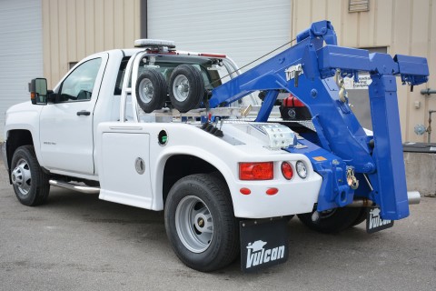 white and blue vulcan 804 on a chevrolet chassis